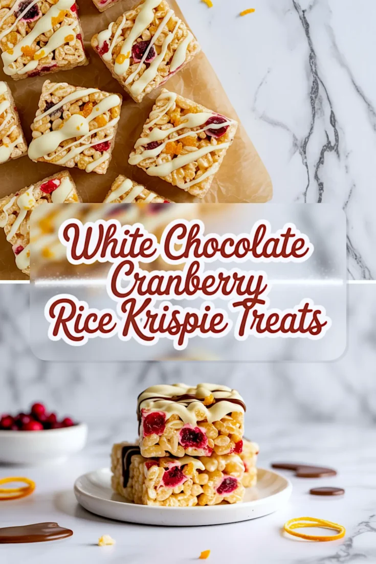 Collage showing top and bottom views of white chocolate cranberry rice krispie treats. Top image shows a flat lay of treats on parchment, drizzled with white chocolate and sprinkled with dried cranberries and orange zest. Bottom image highlights a stack of bars on a white plate, decorated with white and dark chocolate drizzle and surrounded by whole cranberries and orange peel curls.