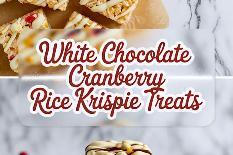 Collage showing top and bottom views of white chocolate cranberry rice krispie treats. Top image shows a flat lay of treats on parchment, drizzled with white chocolate and sprinkled with dried cranberries and orange zest. Bottom image highlights a stack of bars on a white plate, decorated with white and dark chocolate drizzle and surrounded by whole cranberries and orange peel curls.