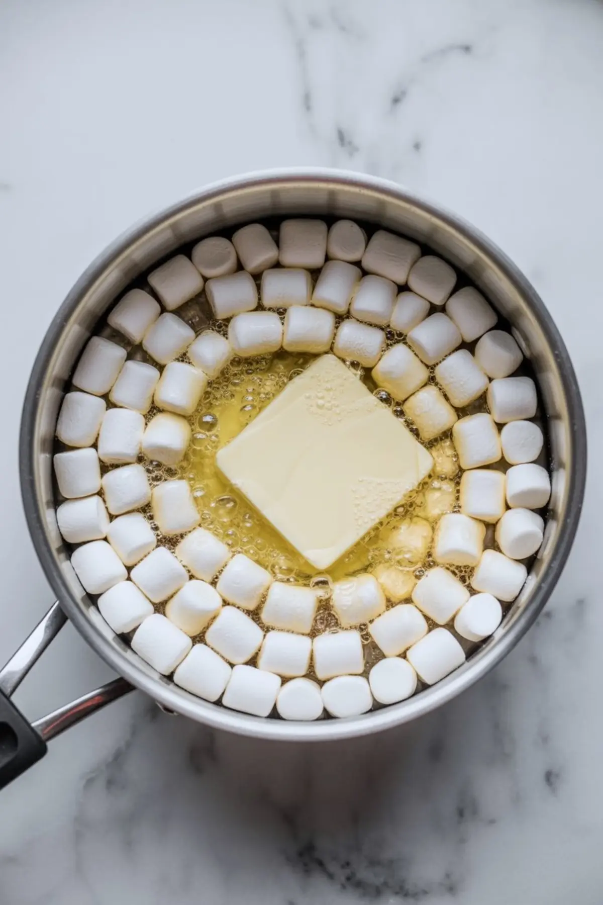 Melted butter and mini marshmallows arranged around a square of butter in a saucepan, showing the beginning step of making gooey rice krispie treat mixture.
