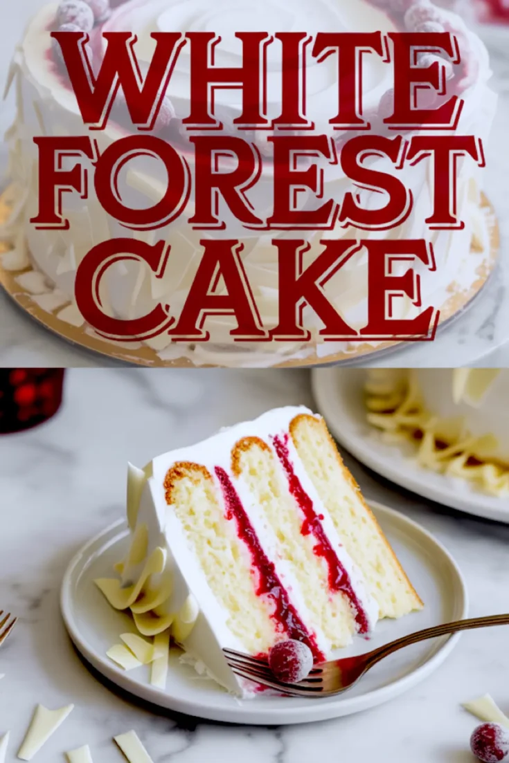 A two-part collage featuring a full White Forest Cake topped with frosted cranberries and decorative lettering, and a close-up of a cake slice with layers of white sponge, whipped cream, and cherry filling on a plate.