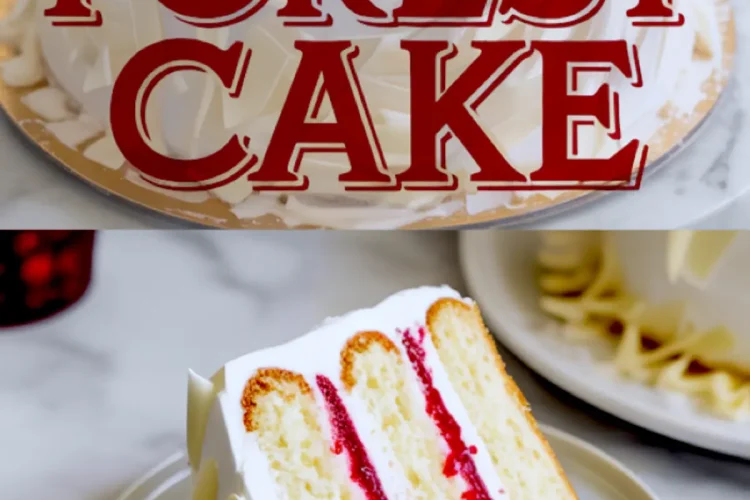 A two-part collage featuring a full White Forest Cake topped with frosted cranberries and decorative lettering, and a close-up of a cake slice with layers of white sponge, whipped cream, and cherry filling on a plate.