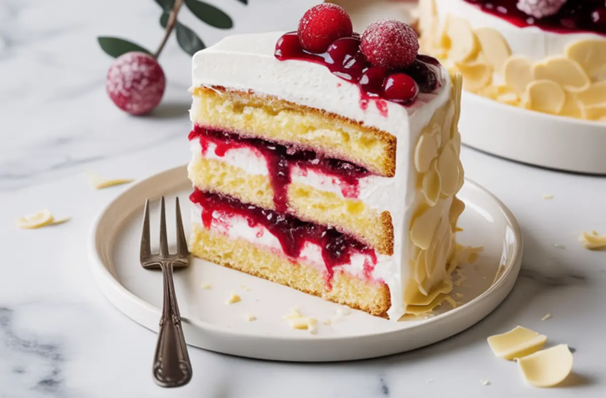 A close-up of a slice of White Forest Cake on a plate, showing layers of yellow sponge cake, whipped cream, and cherry compote, with white chocolate curls and sugared cranberries on top.
