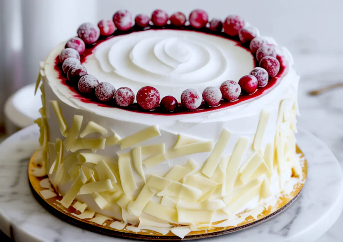 A whole White Forest Cake on a round board, decorated with swirled whipped cream, a red cherry glaze ring, sugared cranberries, and white chocolate shards on the sides.
