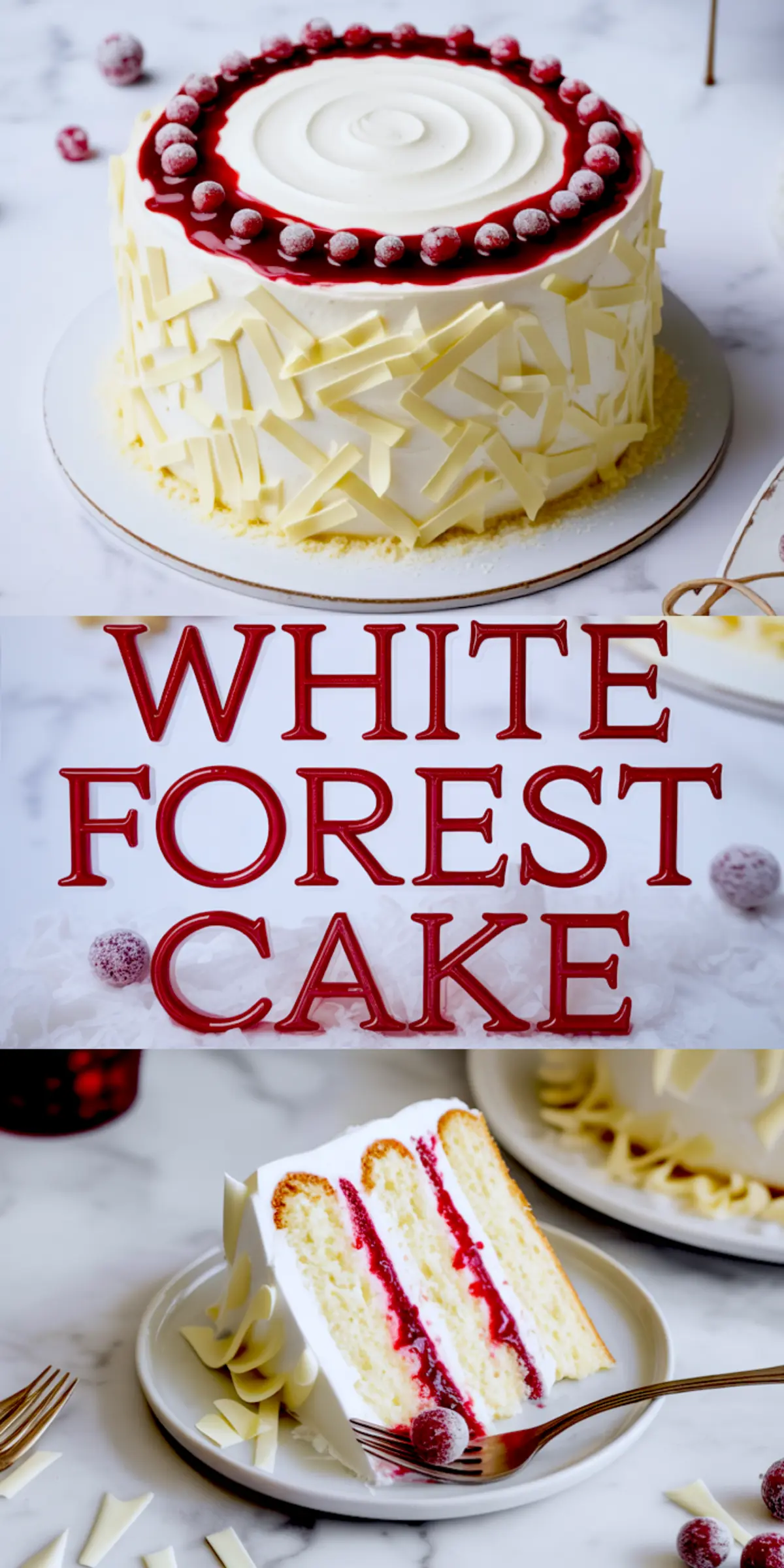 A vertical collage displaying a whole White Forest Cake with white chocolate shards and sugared cherries, text overlay that reads “White Forest Cake,” and a plated cake slice showing cherry filling and whipped cream layers.
