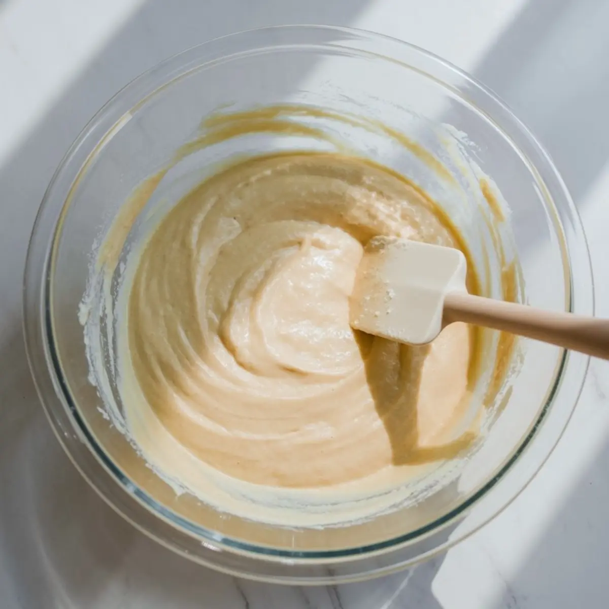 A glass bowl of vanilla cake batter being mixed with a silicone spatula, catching sunlight on a white marble counter.
