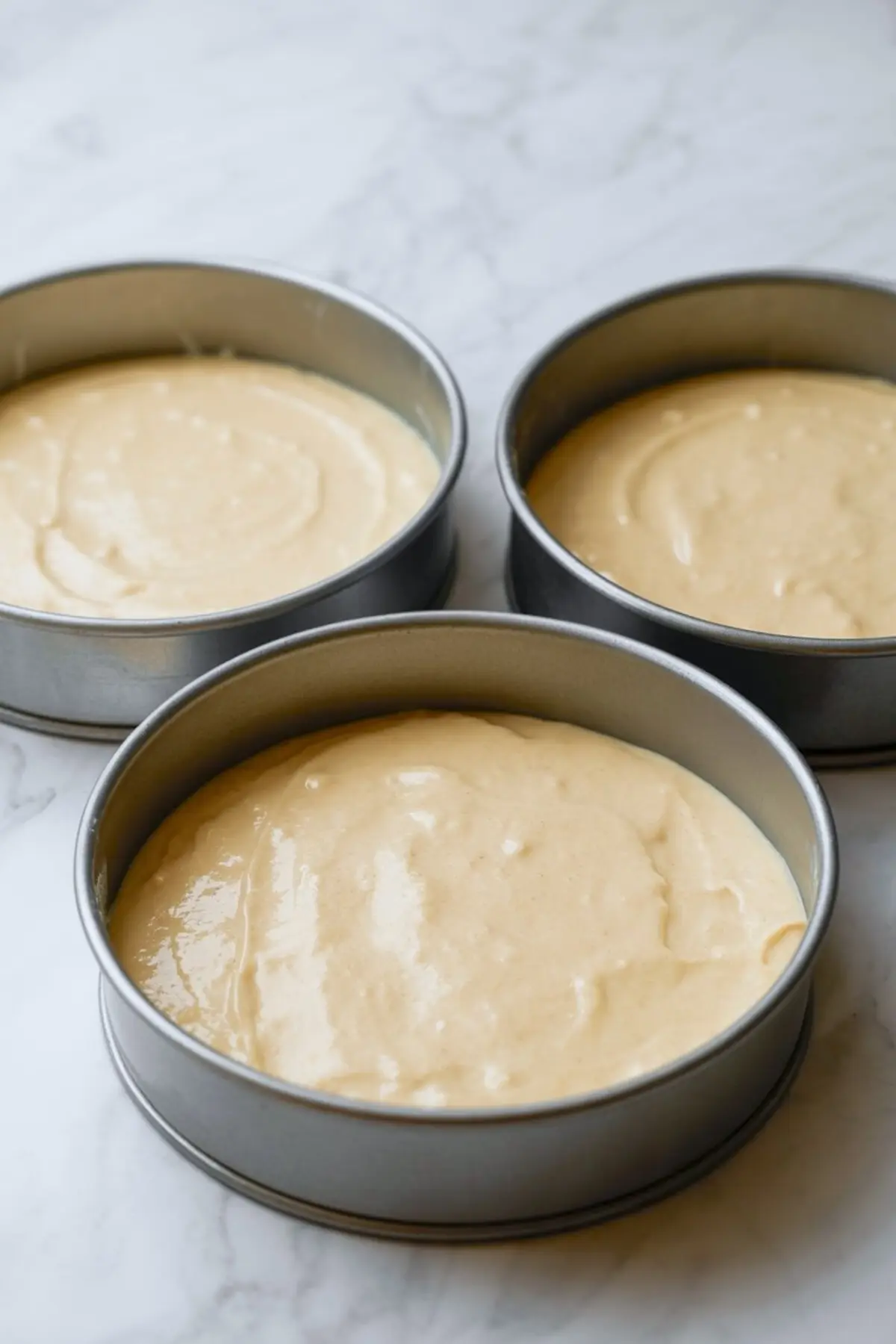 Three round cake pans filled with smooth vanilla cake batter, ready for baking on a marble surface.
