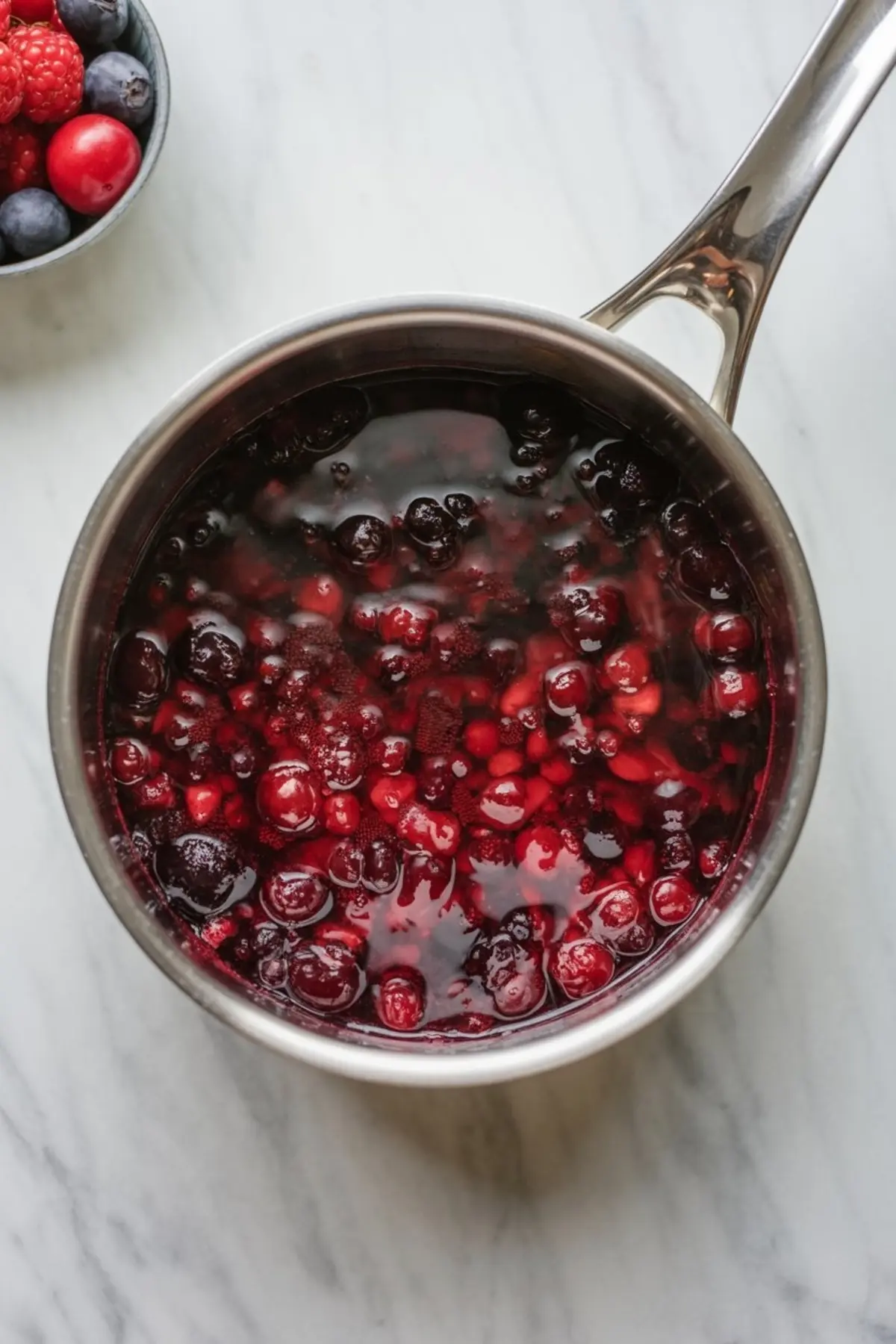A saucepan filled with bubbling mixed berry compote made of red cherries, blackberries, and blueberries, simmering on a marble counter.
