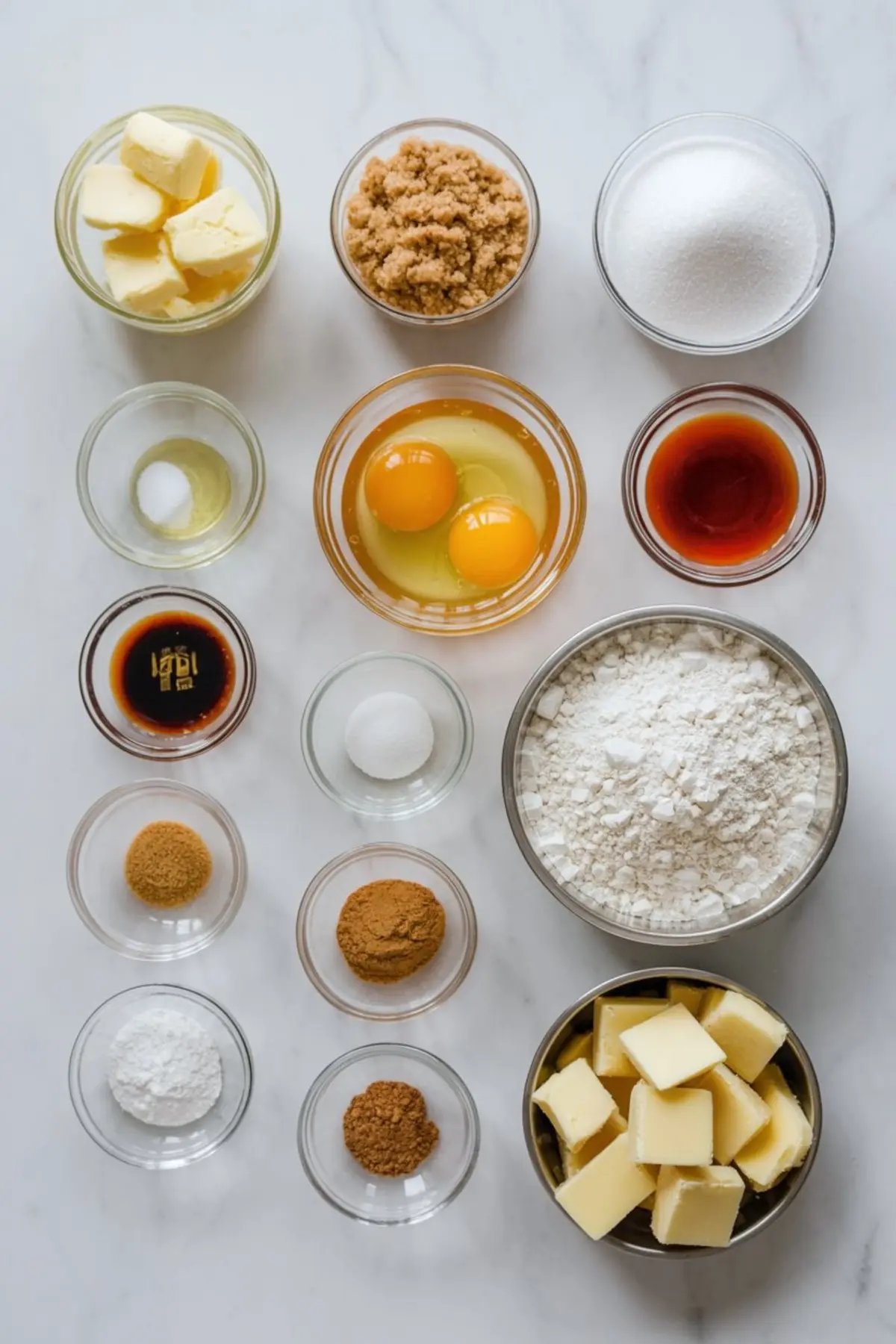 A flat lay of gingerbread blondie ingredients including flour, sugar, brown sugar, eggs, butter, vanilla, spices, and baking soda arranged in glass and metal bowls on a marble background.
