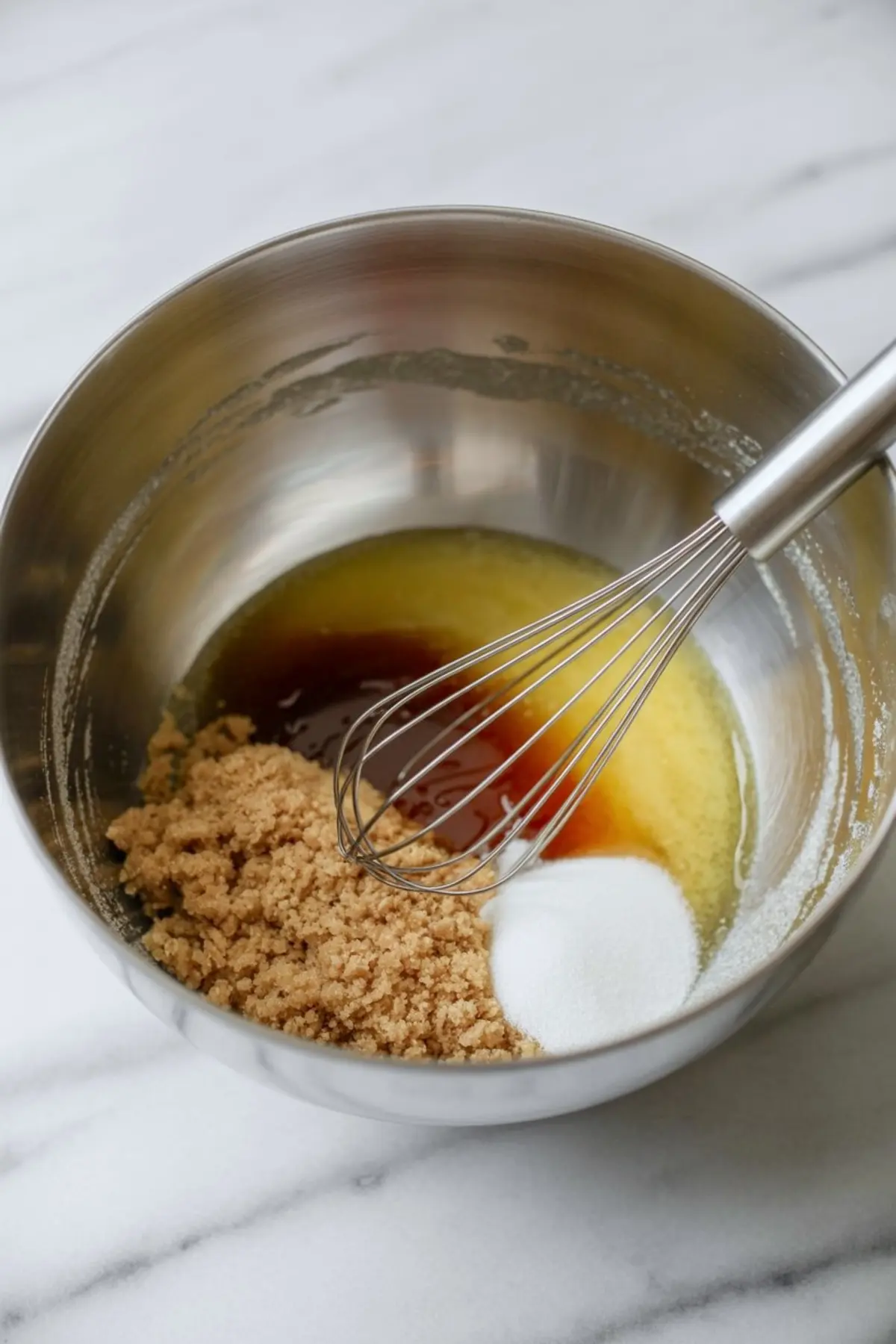 A stainless steel bowl containing melted butter, brown sugar, white sugar, and vanilla extract, with a metal whisk resting inside, ready for mixing cookie or blondie batter.
