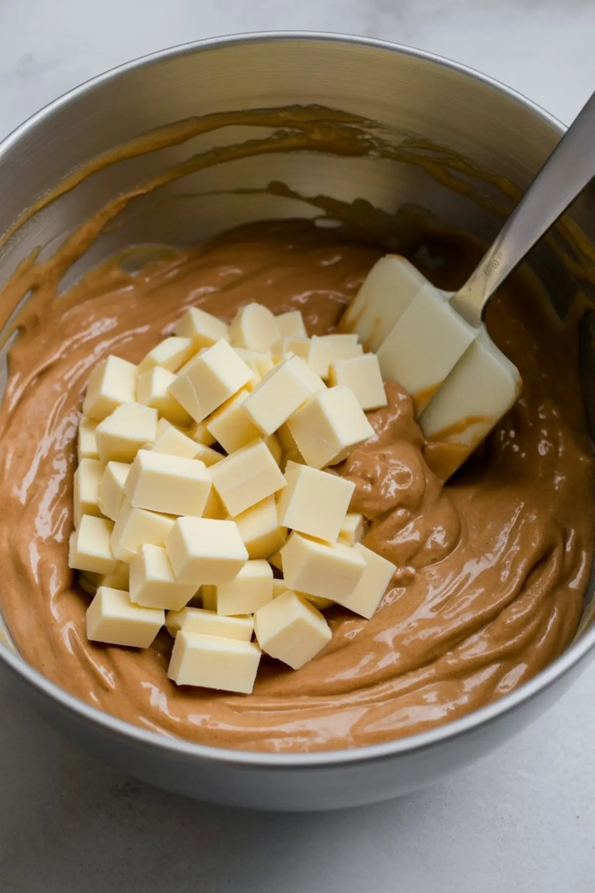 A mixing bowl filled with thick gingerbread batter and topped with cubed white chocolate chunks, ready to be folded in with a rubber spatula.
