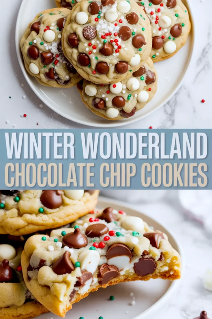 Stacked festive chocolate chip cookies on a white plate, packed with white and semi-sweet chocolate chips, holiday sprinkles, and a soft center shown in a close-up cookie bite.