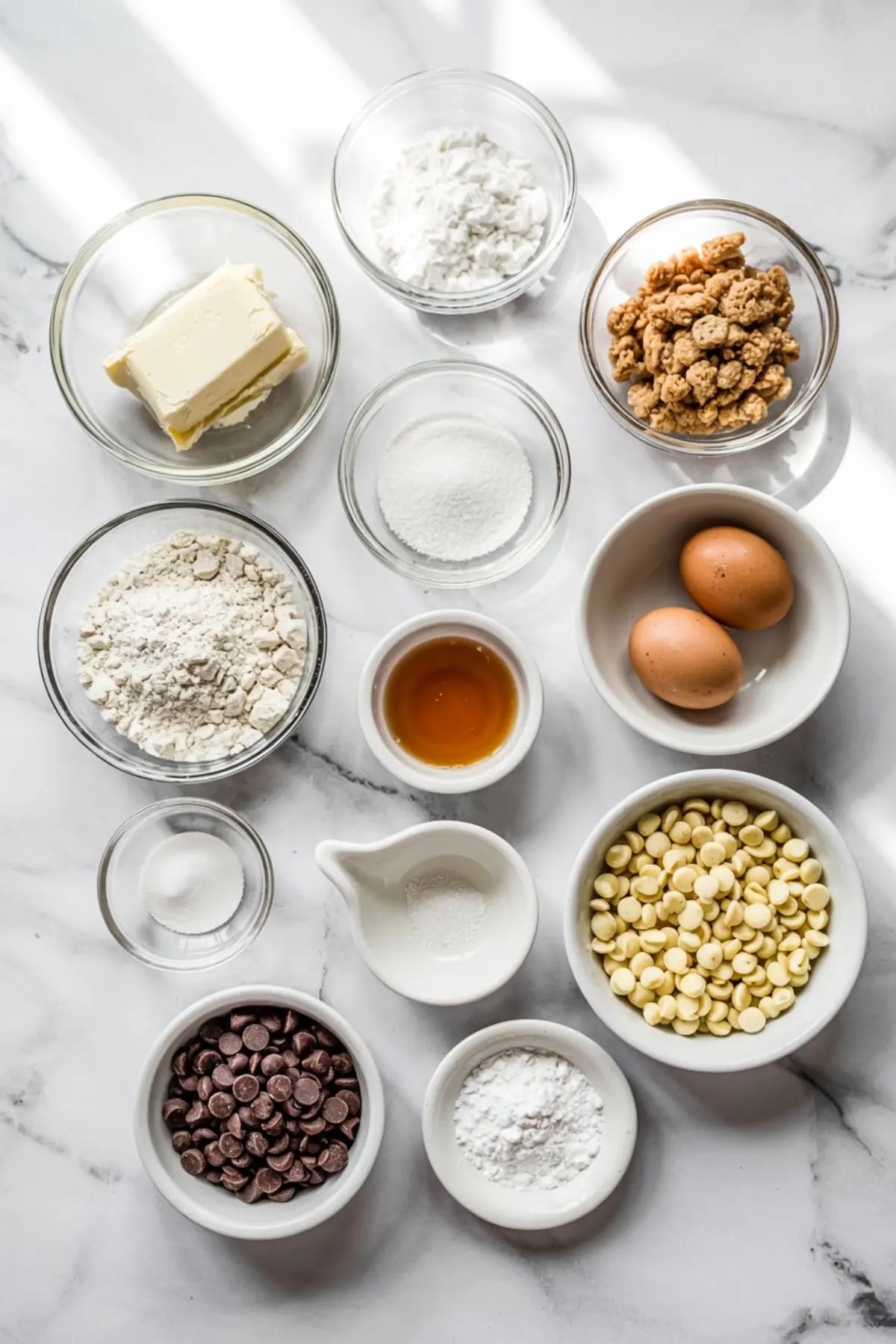 Flat lay of cookie ingredients in small bowls on a marble surface, including butter, eggs, flour, sugars, vanilla extract, baking powder, baking soda, salt, and both white and dark chocolate chips.
