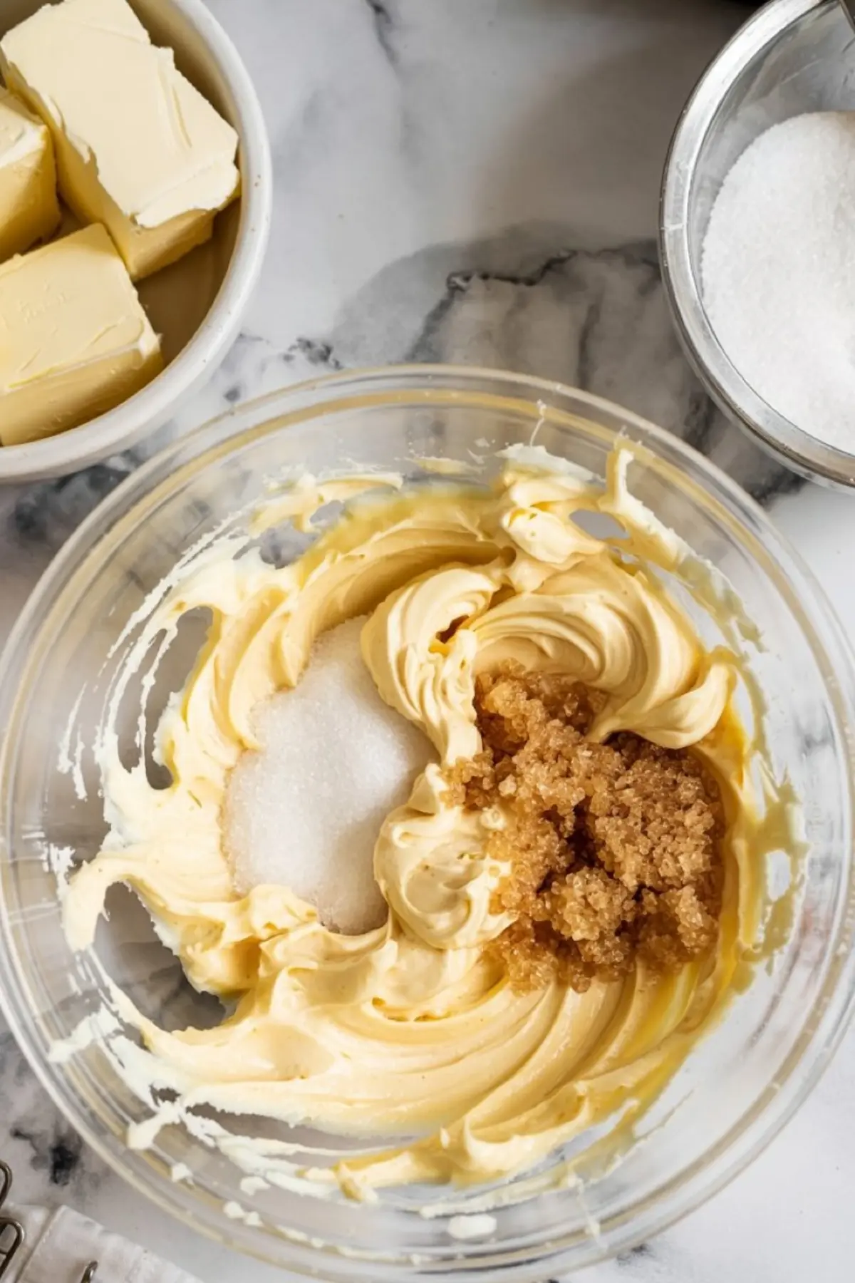 Butter creamed with white and brown sugar in a glass mixing bowl on a marble countertop, surrounded by baking ingredients for a cookie recipe.

