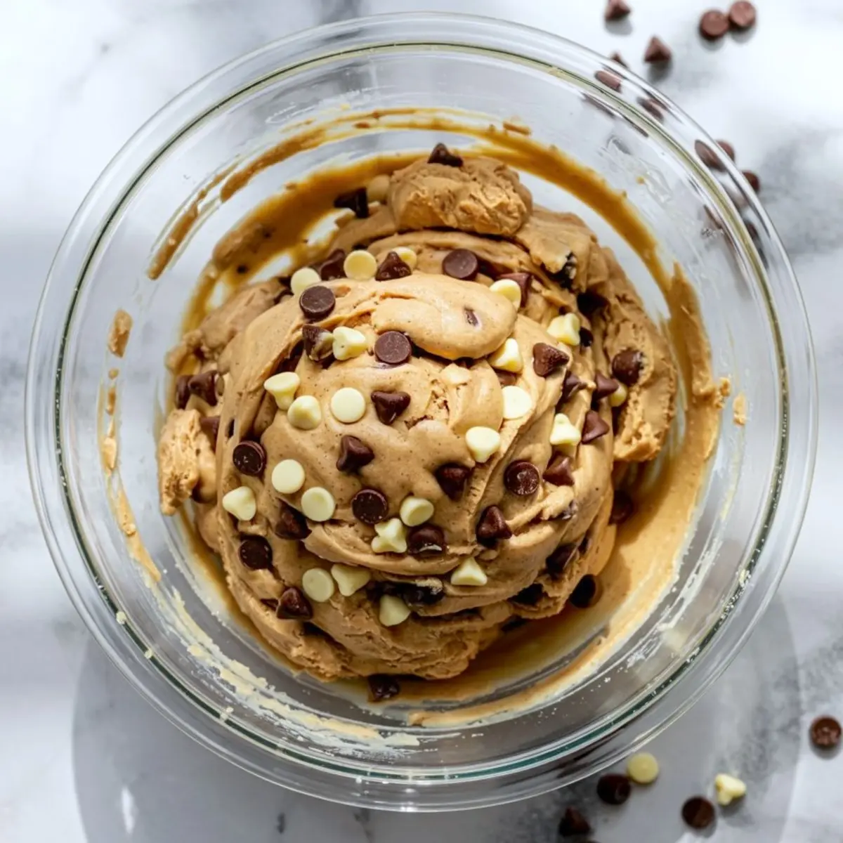 Creamy cookie dough swirled with white and semi-sweet chocolate chips in a clear glass bowl on a marble surface, ready for baking festive holiday cookies.

