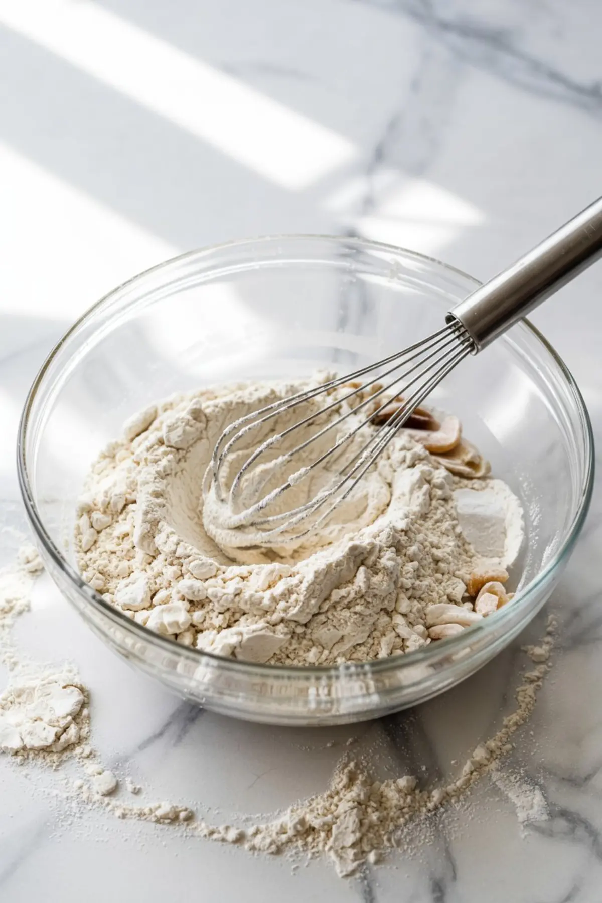 Flour and chopped nuts being whisked together in a glass bowl on a lightly floured marble surface, creating a dry mixture for cookie dough preparation.
