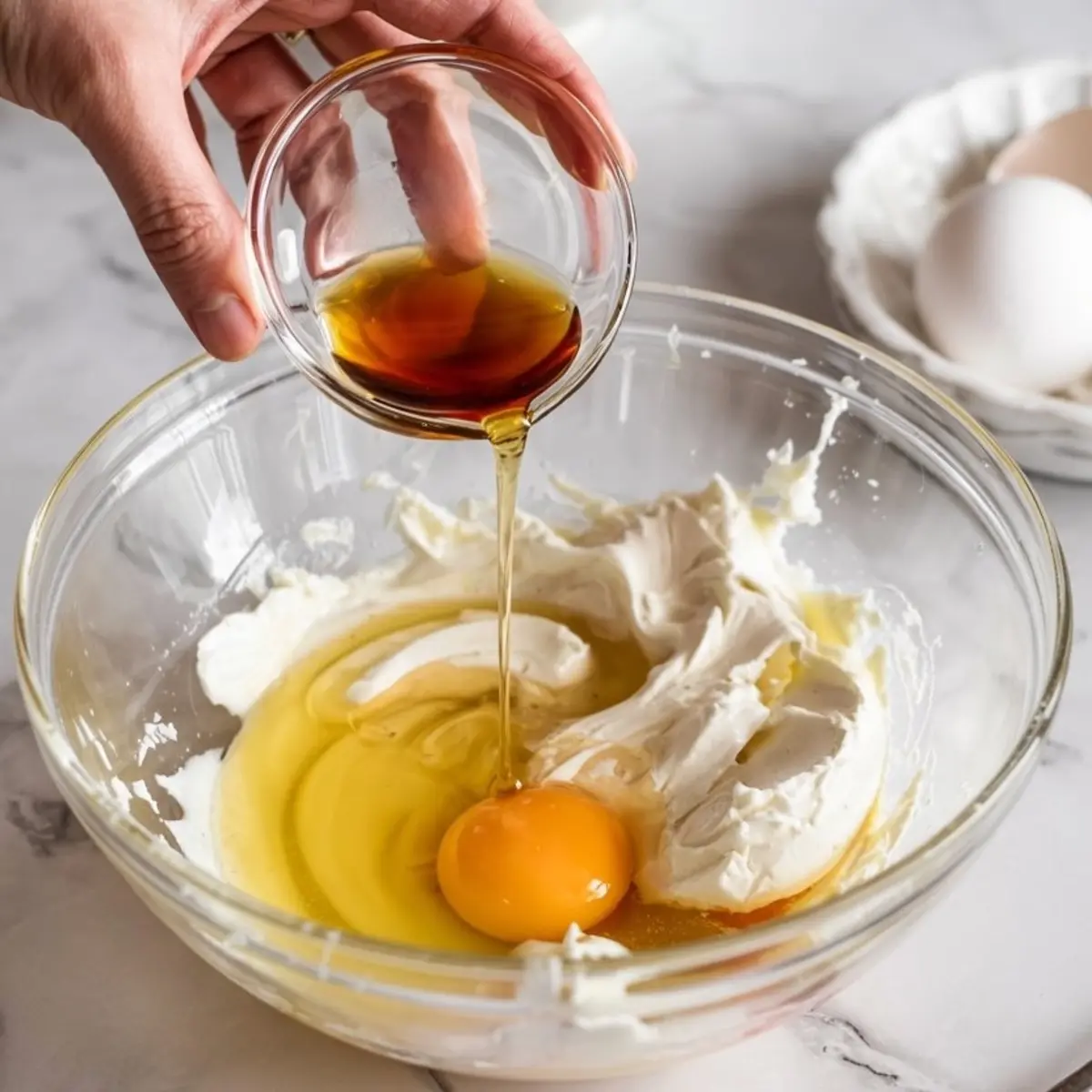 Hand pouring vanilla extract into a bowl with cream cheese and an egg, showing a close-up of mixing wet ingredients for cookie dough on a marble counter.
