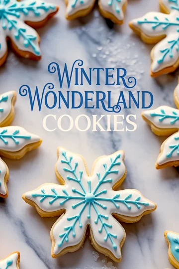Snowflake-shaped sugar cookies decorated with white and blue royal icing displayed on a marble surface with text overlay reading “Winter Wonderland Cookies.”