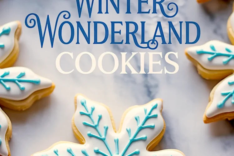 Snowflake-shaped sugar cookies decorated with white and blue royal icing displayed on a marble surface with text overlay reading “Winter Wonderland Cookies.”