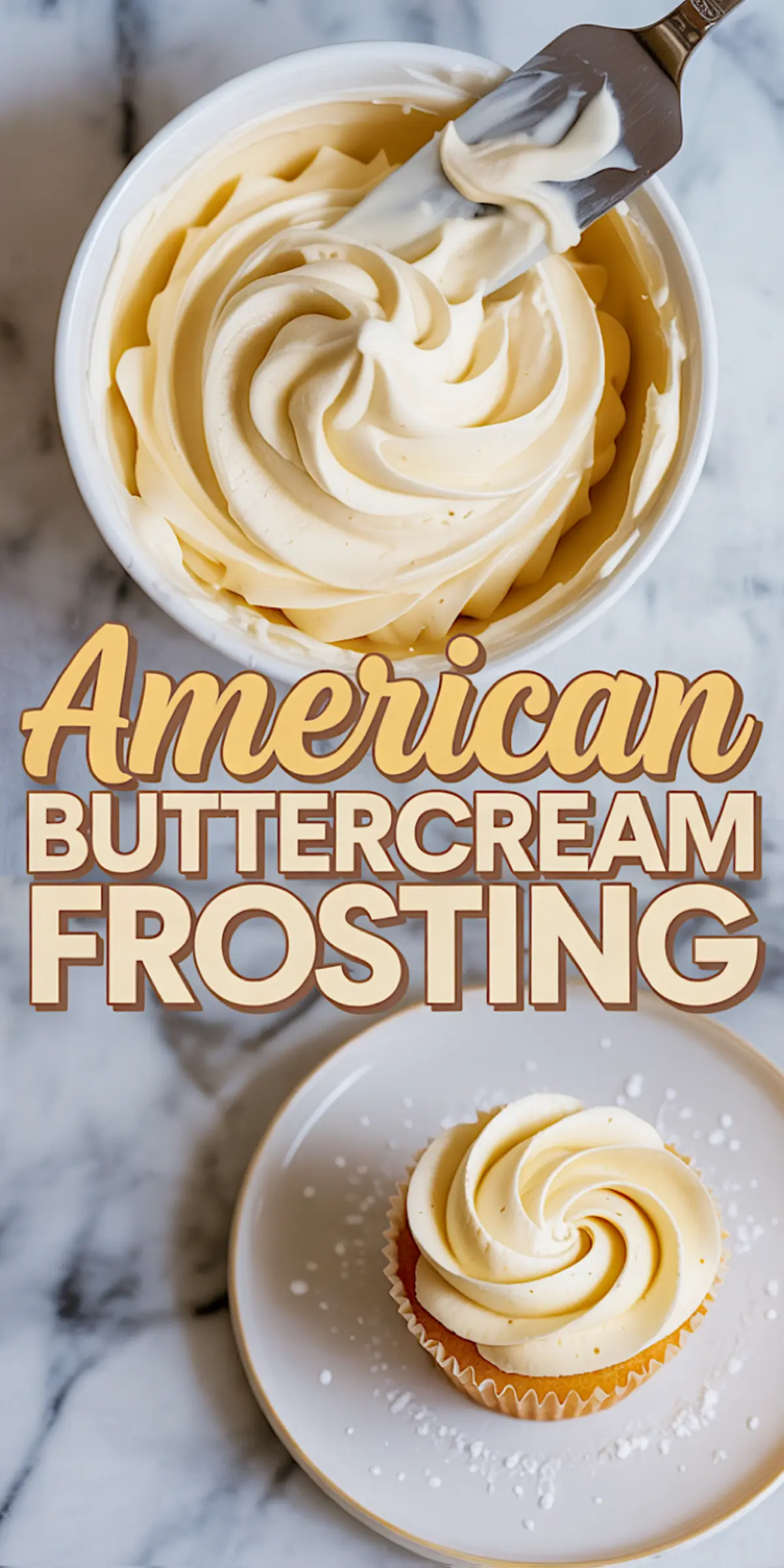 Creamy American buttercream frosting in a white bowl with a spatula lifting smooth swirls, placed on a marble background with a frosted cupcake on a plate below.

