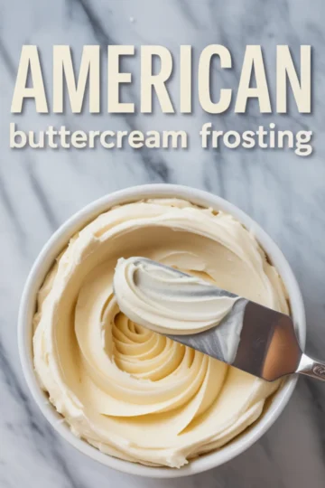 White bowl filled with American buttercream frosting with a spatula gliding across smooth swirls on a marble surface with soft lighting.