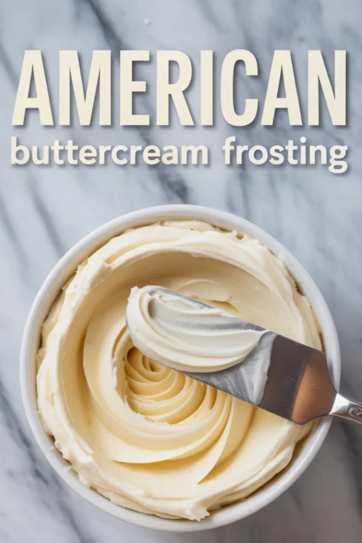 White bowl filled with American buttercream frosting with a spatula gliding across smooth swirls on a marble surface with soft lighting.