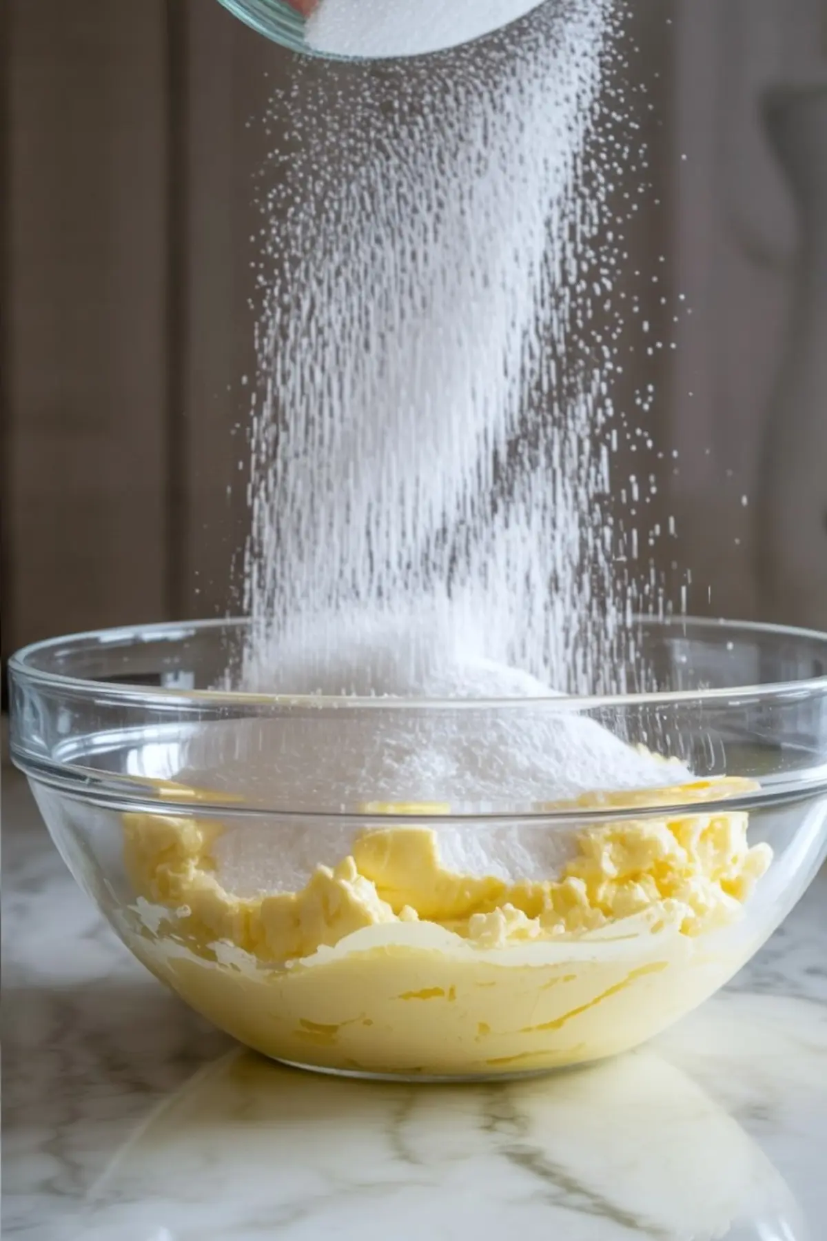 Granulated sugar falling into a glass bowl filled with softened butter, creating a light dusting effect over the mixture during baking prep.
