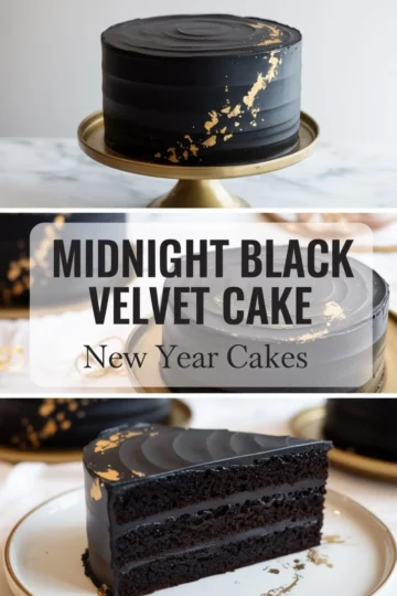 A tall black velvet cake with gold leaf accents shown on a gold pedestal, a text overlay reading “Midnight Black Velvet Cake – New Year Cakes,” and a bottom shot of a sliced piece revealing triple layers of deep black chocolate cake and frosting on a marble background.