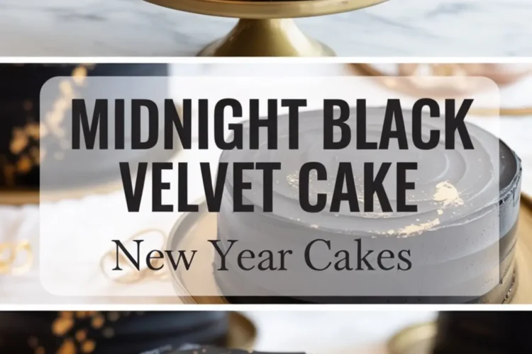 A tall black velvet cake with gold leaf accents shown on a gold pedestal, a text overlay reading “Midnight Black Velvet Cake – New Year Cakes,” and a bottom shot of a sliced piece revealing triple layers of deep black chocolate cake and frosting on a marble background.
