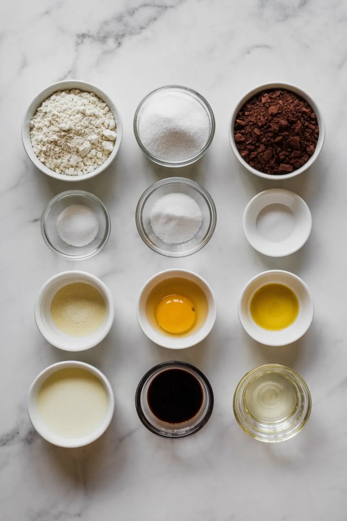 Twelve small bowls of ingredients for a black velvet cake recipe, arranged in a neat grid on a marble surface, including flour, sugar, cocoa powder, eggs, oil, buttermilk, and vanilla extract for an organized baking prep visual.
