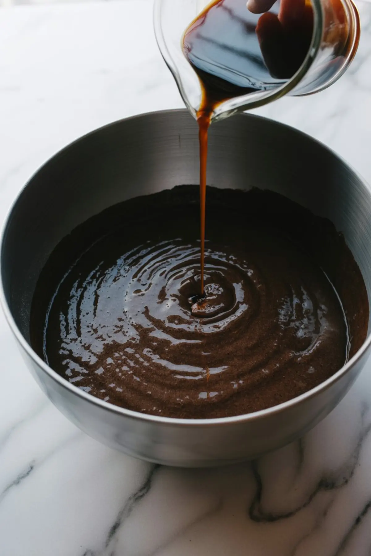A glass pitcher pours dark liquid into a bowl of glossy black cake batter, showing the process of mixing wet ingredients into rich chocolate batter for a decadent dark velvet cake recipe.
