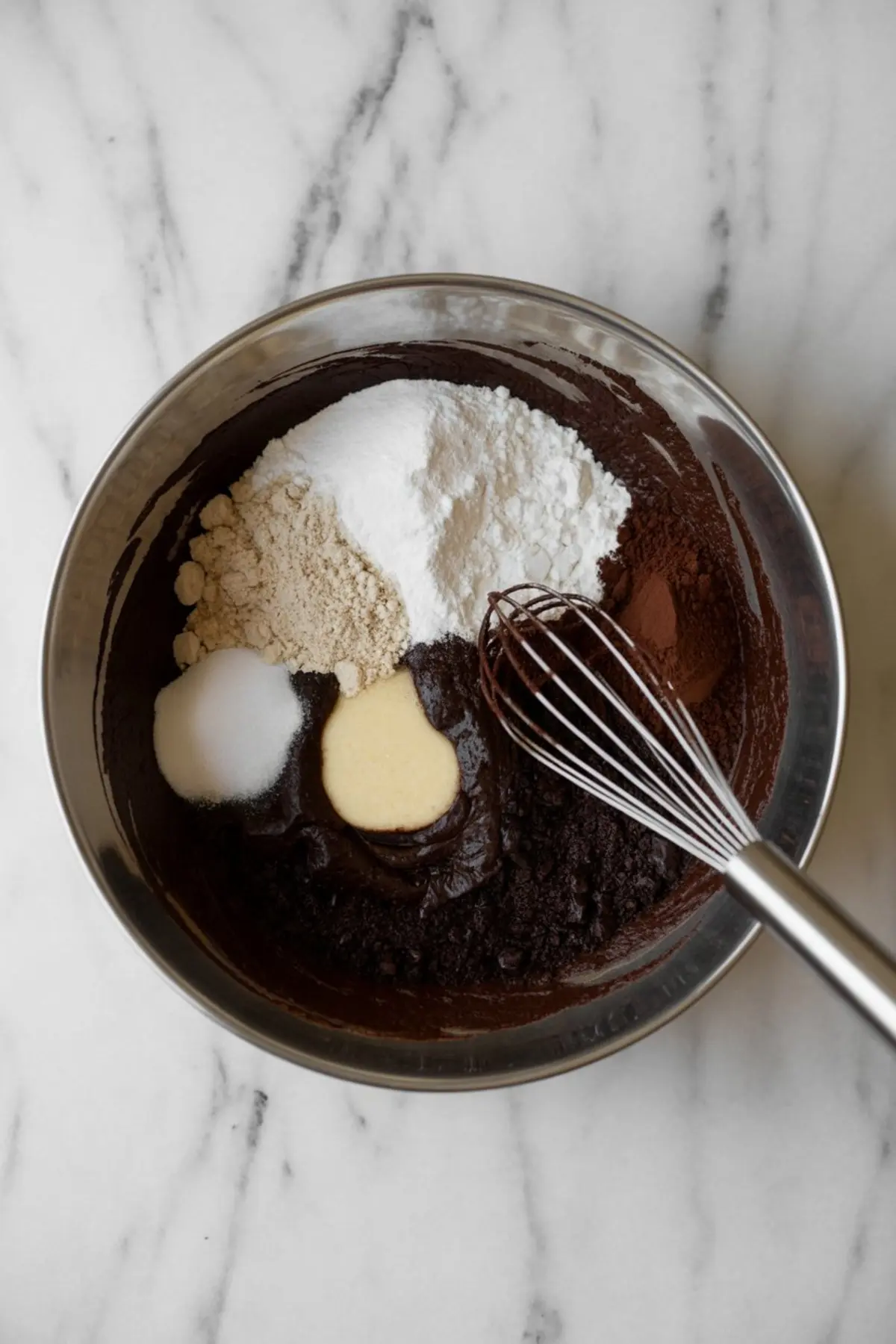 Dry and wet ingredients for black velvet cake combined in a stainless steel mixing bowl with a whisk, showing flour, sugar, cocoa powder, and egg mixture before blending into a smooth batter.
