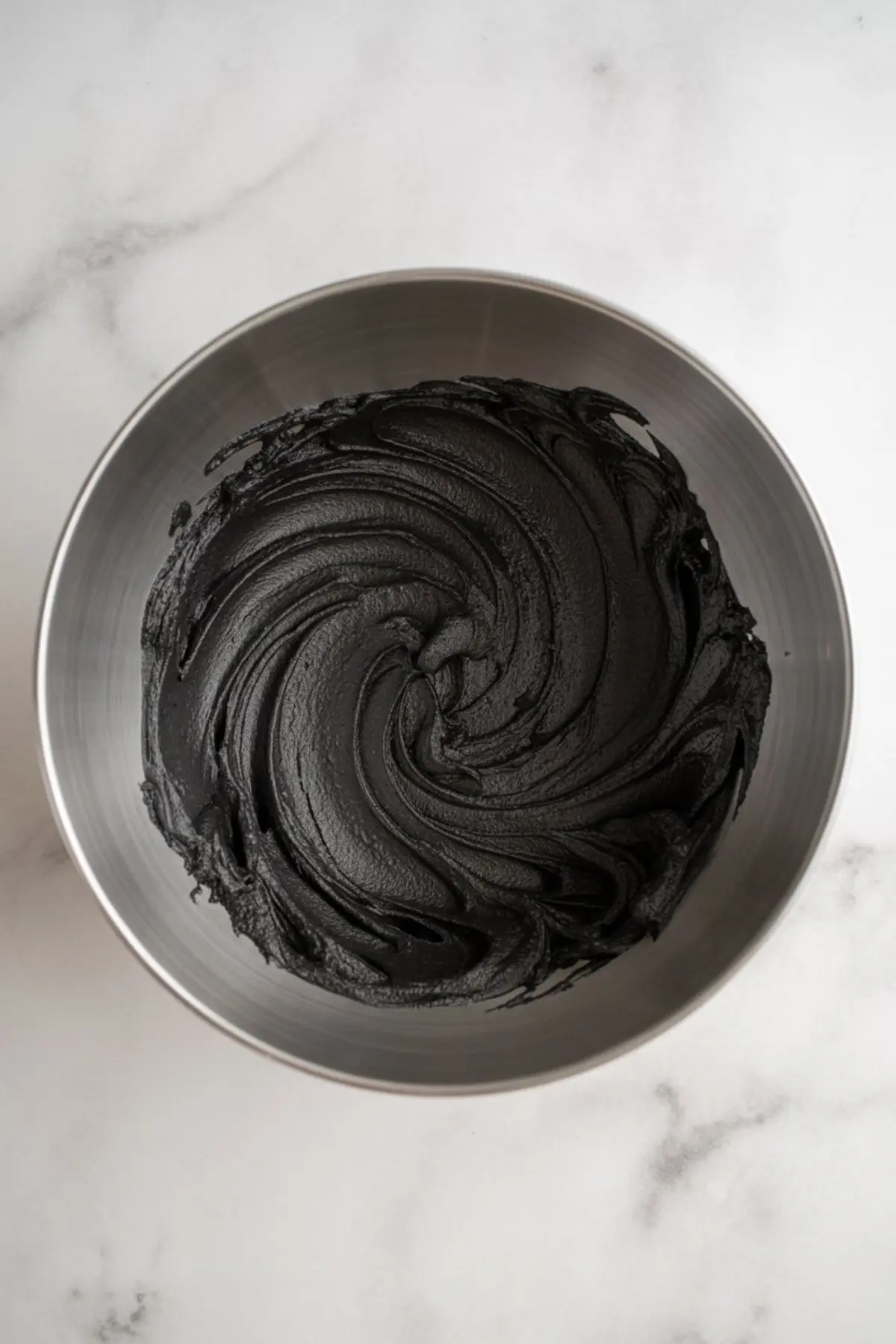 A stainless steel bowl filled with rich, whipped black buttercream frosting, swirled into a smooth, glossy texture for decorating a black velvet cake with a bold and modern finish.
