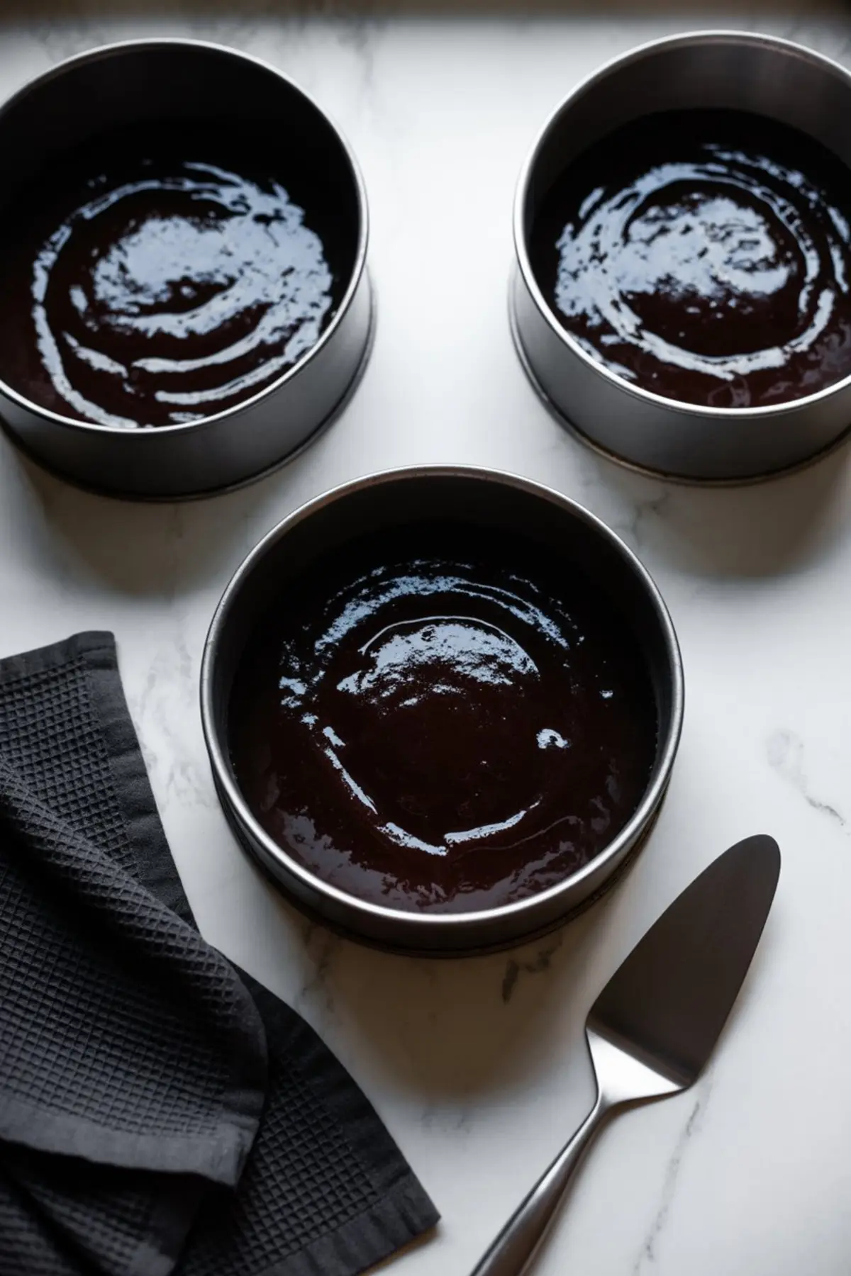 Three round cake pans filled with dark chocolate cake batter placed on a marble countertop with a black kitchen towel and cake spatula beside them, ready to be baked into layered black velvet cake.
