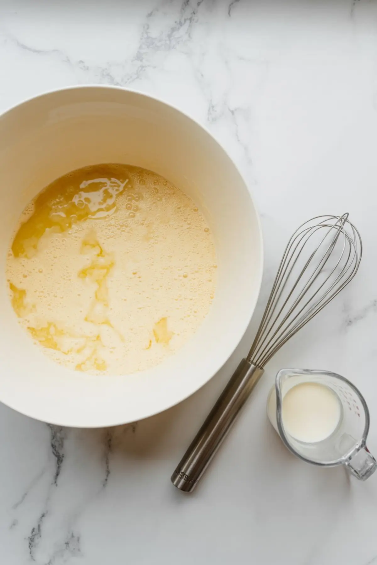 A mixing bowl with light yellow wet batter and a metal whisk placed next to a glass measuring cup of milk on a white marble countertop, capturing an early stage of cake batter preparation.
