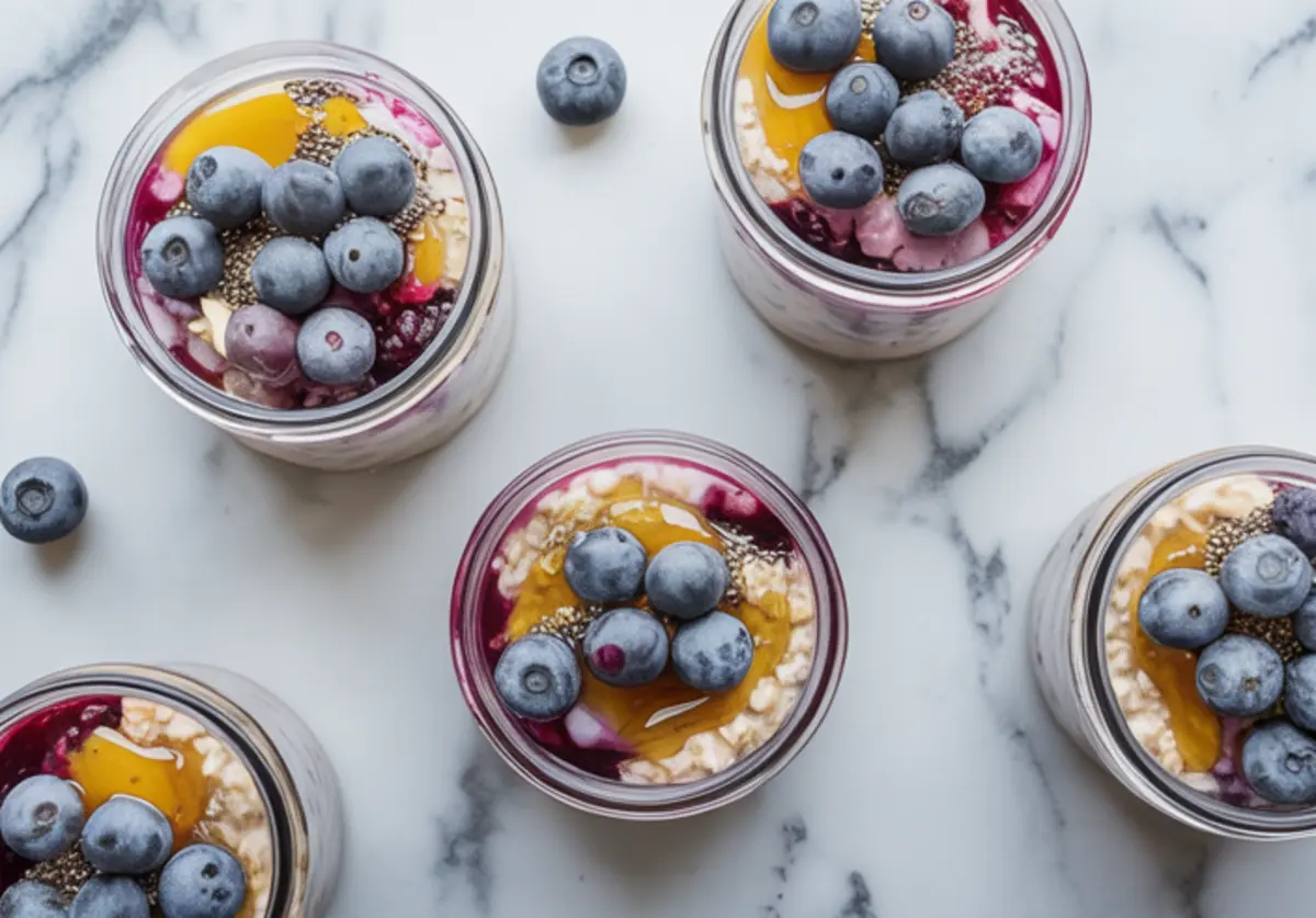 Top-down view of several jars filled with layered blueberry overnight oats, garnished with fresh blueberries, chia seeds, and honey on a marble surface.
