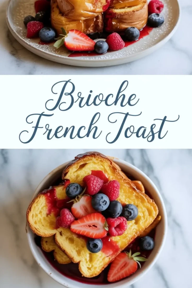 Collage showing two scenes of brioche French toast: the top image displays a plate of syrup-drizzled French toast with fresh berries; the bottom image presents a bowl filled with golden toast slices topped with vibrant strawberries, blueberries, and raspberries.