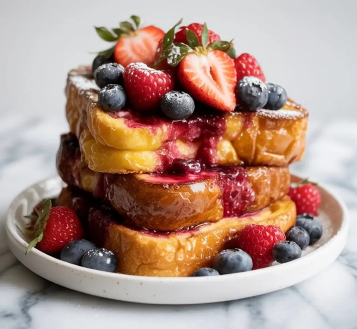 Stack of golden brioche French toast dripping with berry compote and topped with halved strawberries, blueberries, and raspberries on a white plate.