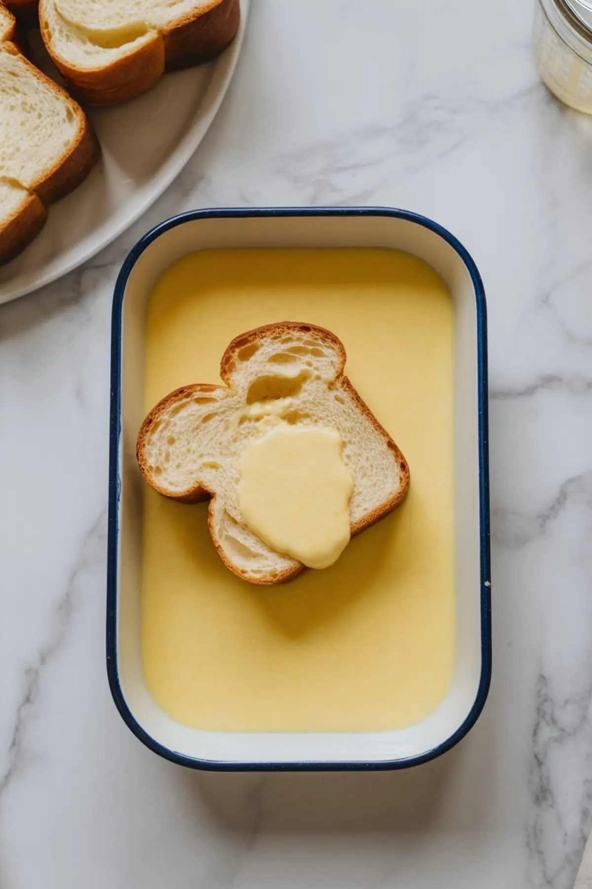 Sliced brioche bread being dipped into a creamy egg custard mixture in a white enamel tray with a blue rim, on a marble surface.