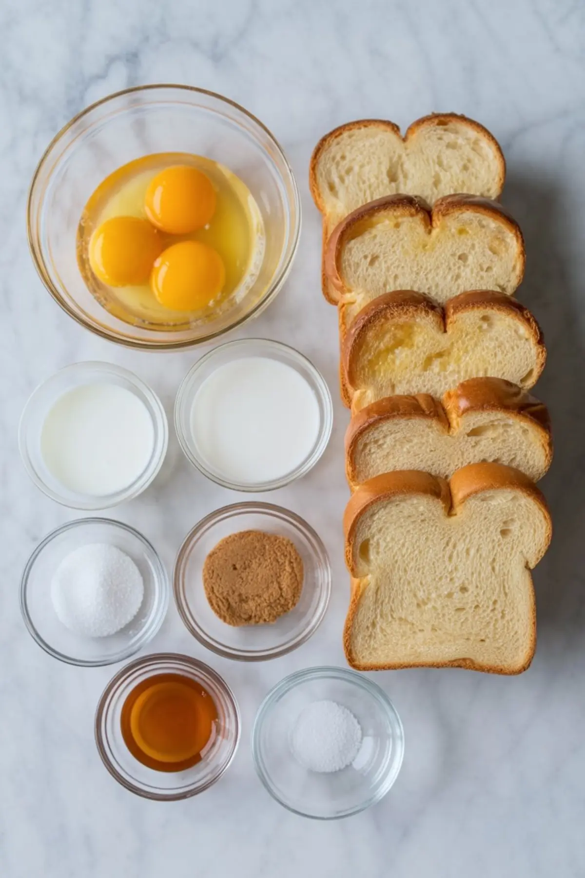 Flat lay of brioche French toast ingredients including eggs, milk, cream, white sugar, brown sugar, vanilla extract, salt, and sliced brioche bread arranged on a marble countertop.
