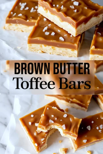 Vertical collage showing glossy brown butter toffee bars with sea salt flakes on top. Includes close-ups of sliced bars and one with a bite taken out, with a central text overlay reading “Brown Butter Toffee Bars”.