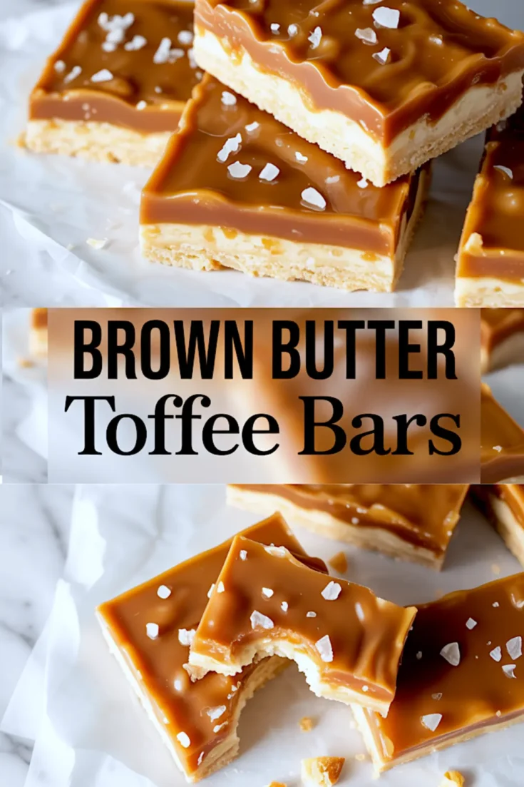 Vertical collage showing glossy brown butter toffee bars with sea salt flakes on top. Includes close-ups of sliced bars and one with a bite taken out, with a central text overlay reading “Brown Butter Toffee Bars”.