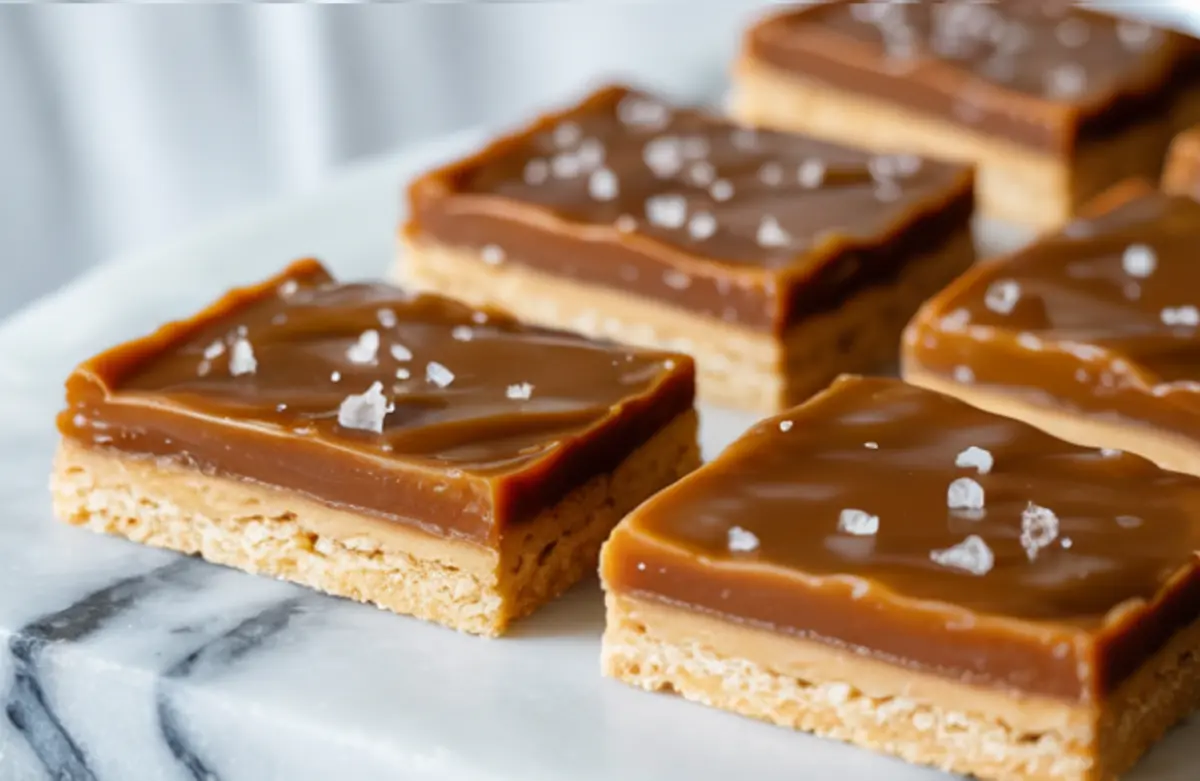 Side angle of brown butter toffee bars arranged neatly on a marble slab, each topped with a glossy caramel layer and sprinkled with sea salt flakes.
