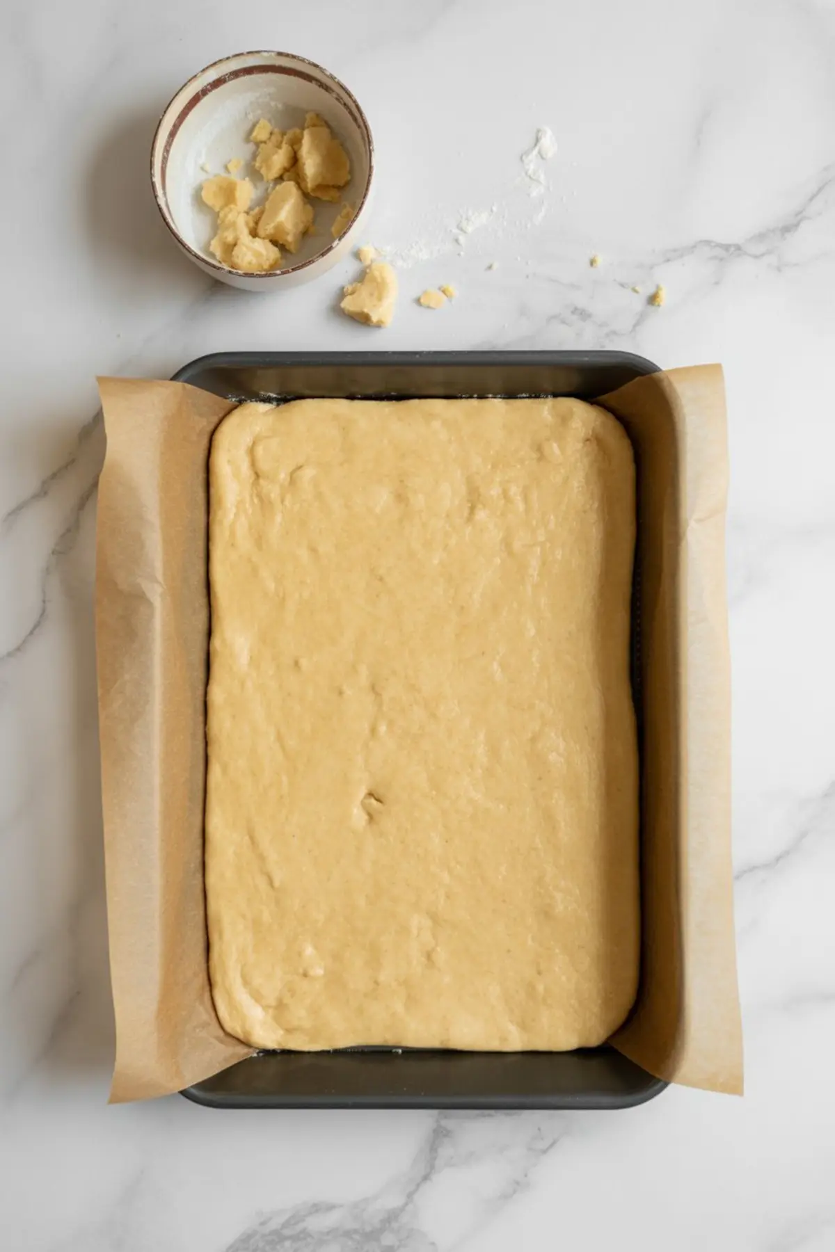 Unbaked shortbread dough pressed into a rectangular baking pan lined with parchment paper, with extra dough and flour scattered in a small bowl nearby.
