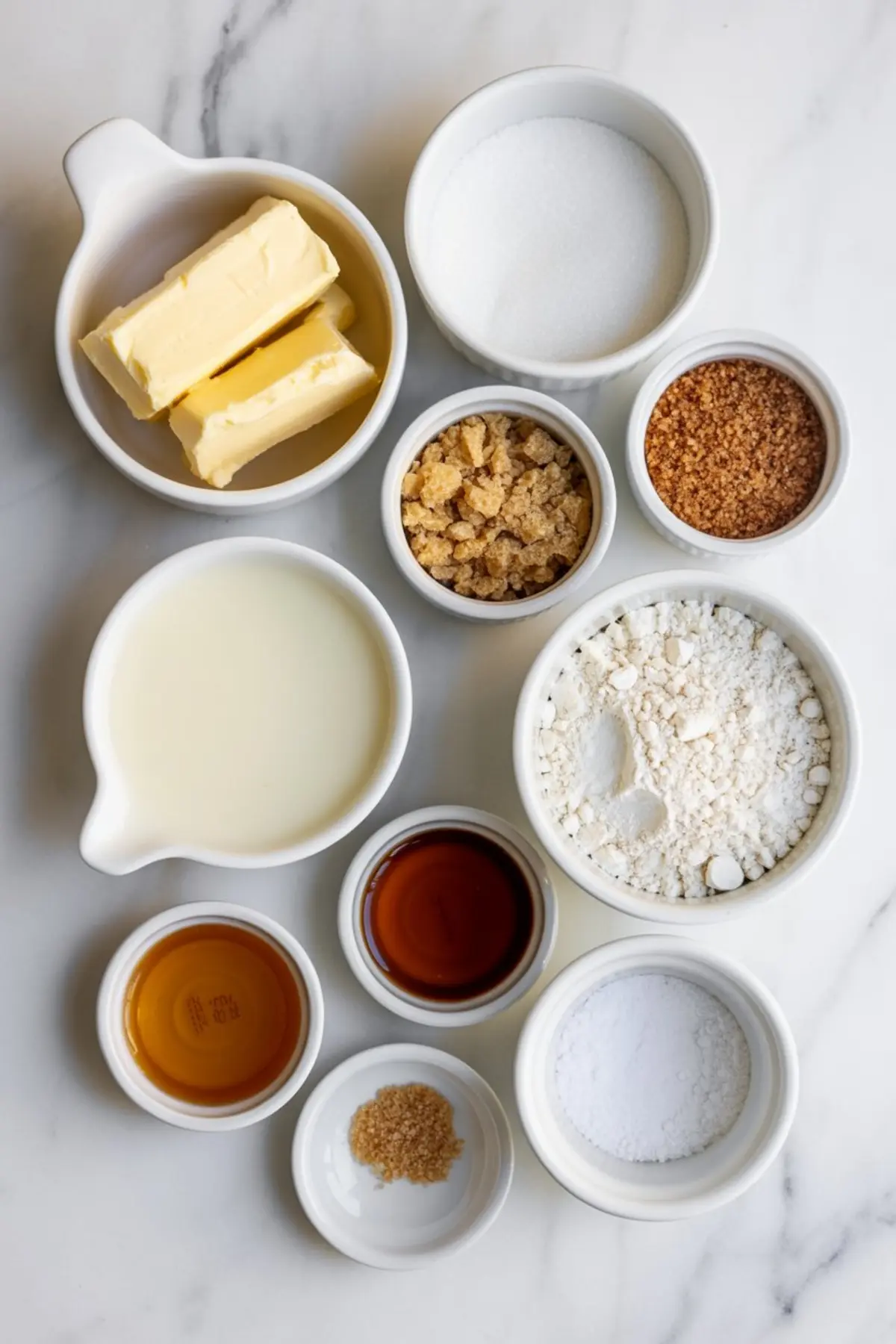 Flat lay of brown butter toffee bar ingredients in small bowls, including butter, milk, white sugar, brown sugar, flour, baking powder, vanilla extract, and coarse salt.
