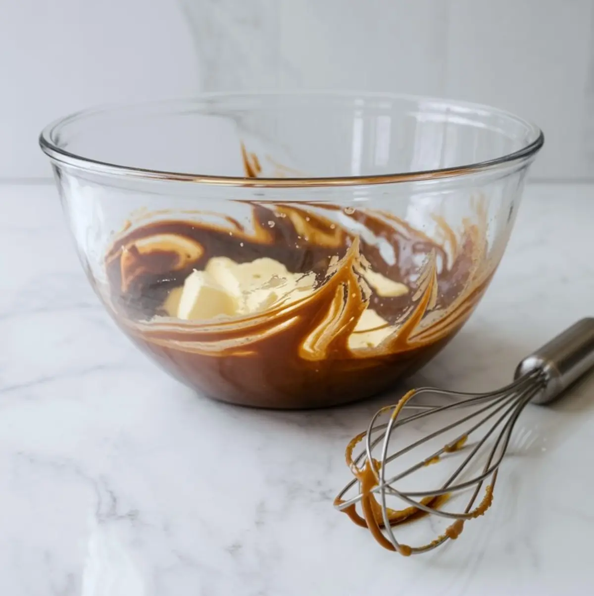 Partially mixed brown sugar and butter blend in a clear glass bowl with a whisk resting beside it, showing the early steps of gingerbread blondie batter preparation.
