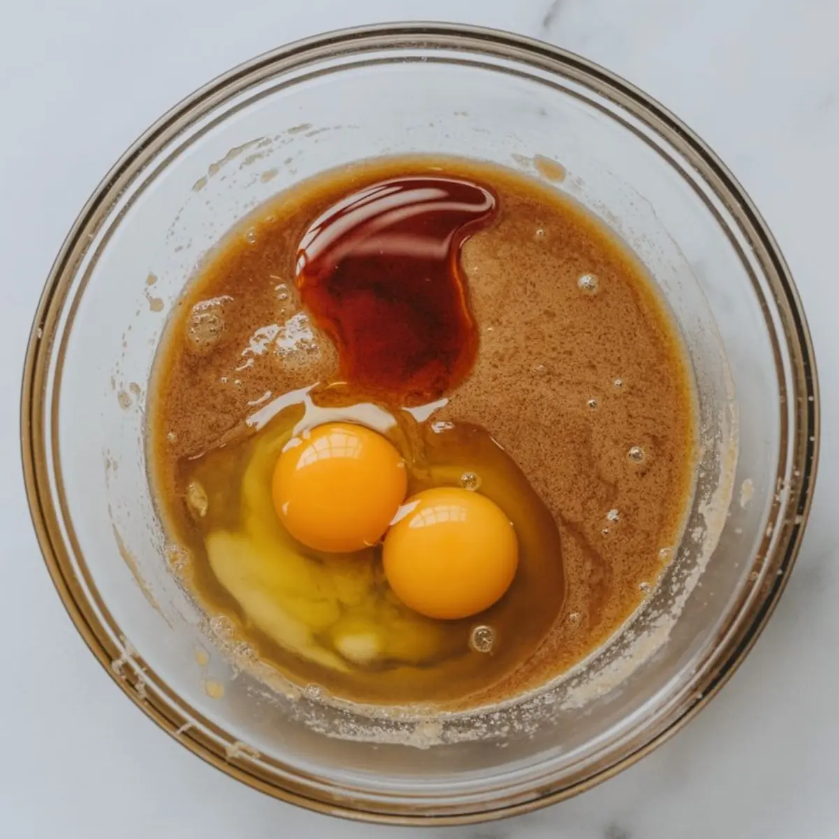 A glass mixing bowl holds raw baking ingredients including two whole egg yolks, melted butter, vanilla extract, and brown sugar on a marble countertop.
