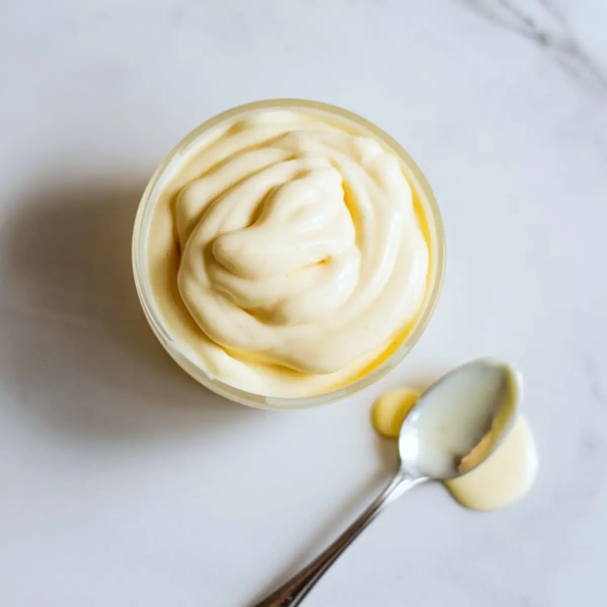 A glass bowl filled with thick vanilla frosting sits on a marble surface next to a spoon with traces of frosting, prepared for dessert topping.
