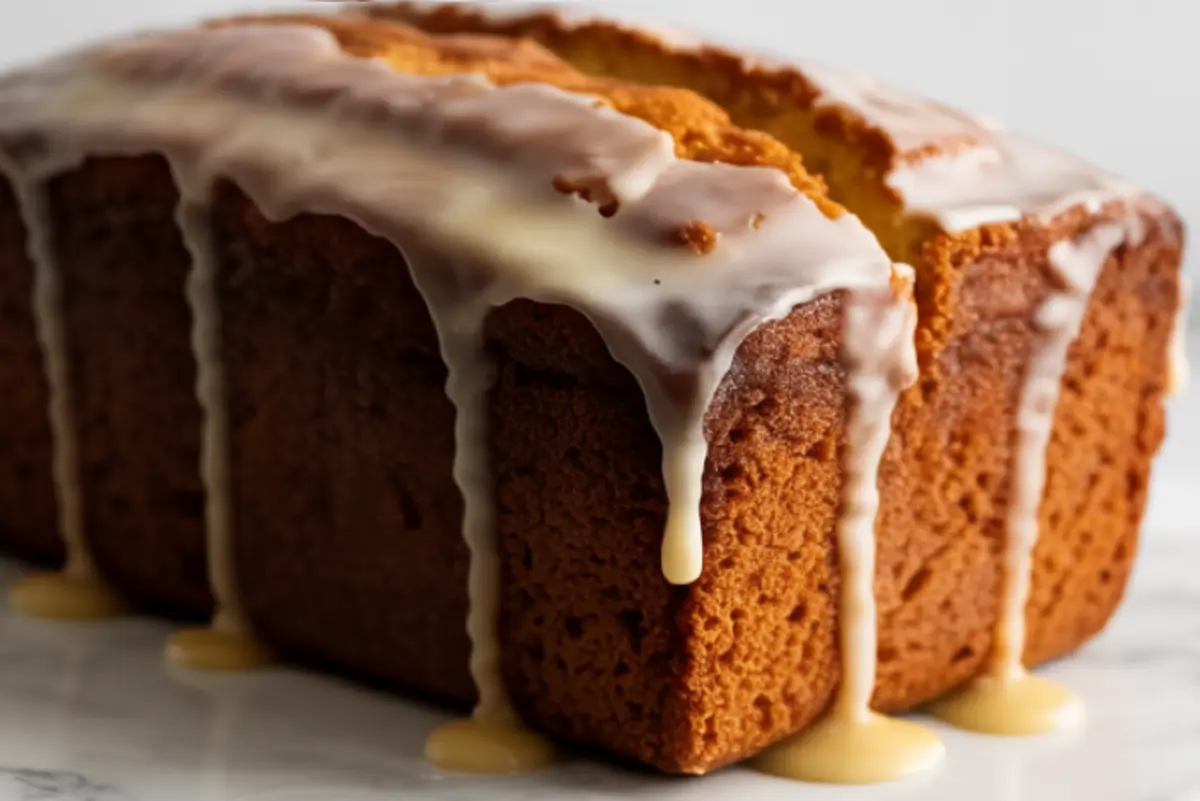 Close-up of a whole brown sugar cinnamon pound cake with thick vanilla glaze dripping down the sides on a marble surface.