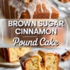 Collage of three frames featuring a glazed cinnamon pound cake, bold recipe title in the center, and a moist cake slice filled with brown sugar cinnamon swirls at the bottom.