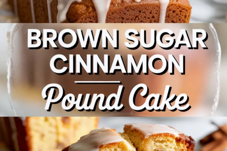 Collage of three frames featuring a glazed cinnamon pound cake, bold recipe title in the center, and a moist cake slice filled with brown sugar cinnamon swirls at the bottom.